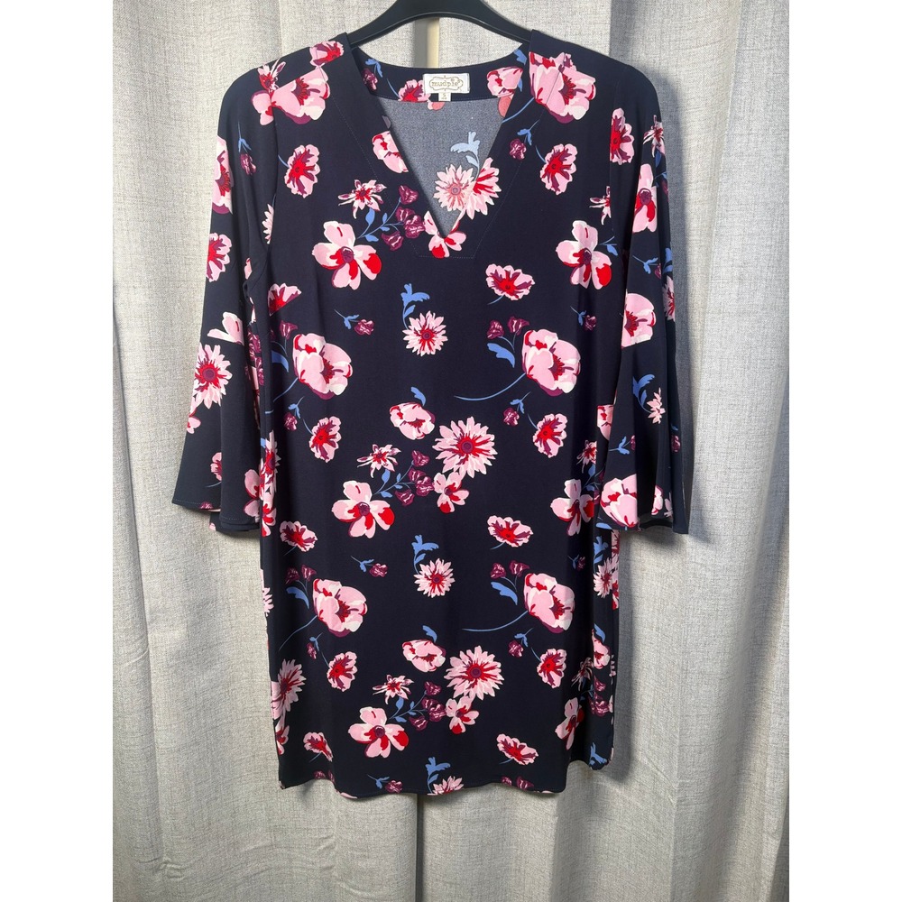 Mud Pie Navy Blue Pink Floral V-Neck Bell Sleeve Shift Dress Womens S